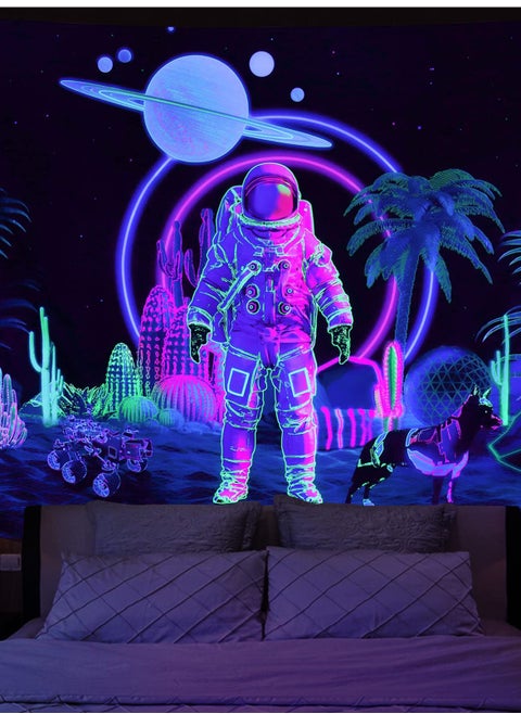Blacklight Astronaut Tapestry, Trippy Cactus Tapestry,  UV Reactive Planet Tapestry, Galaxy Stars Tapestry Psychedelic Space Tapestry Neon Palm Tree Wall Hanging for Room