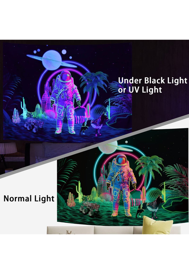 Blacklight Astronaut Tapestry, Trippy Cactus Tapestry,  UV Reactive Planet Tapestry, Galaxy Stars Tapestry Psychedelic Space Tapestry Neon Palm Tree Wall Hanging for Room