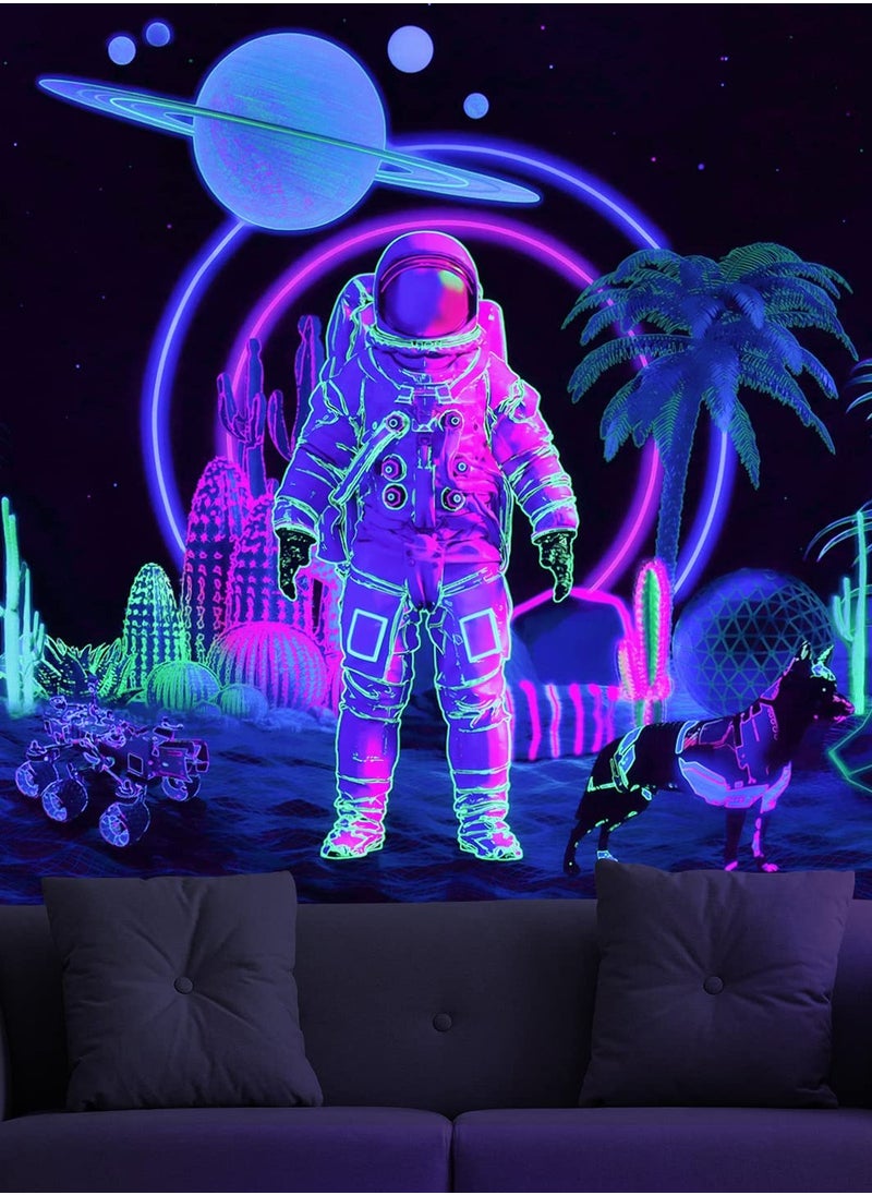 Blacklight Astronaut Tapestry, Trippy Cactus Tapestry,  UV Reactive Planet Tapestry, Galaxy Stars Tapestry Psychedelic Space Tapestry Neon Palm Tree Wall Hanging for Room