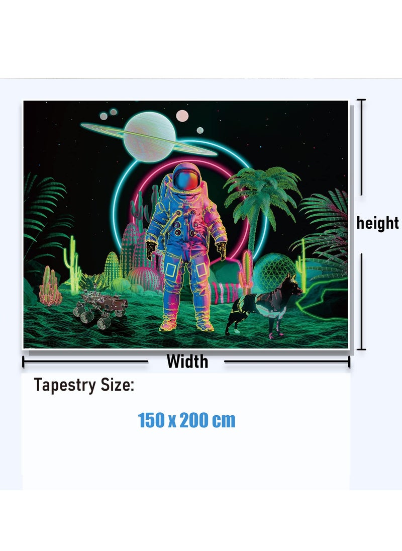 Blacklight Astronaut Tapestry, Trippy Cactus Tapestry,  UV Reactive Planet Tapestry, Galaxy Stars Tapestry Psychedelic Space Tapestry Neon Palm Tree Wall Hanging for Room