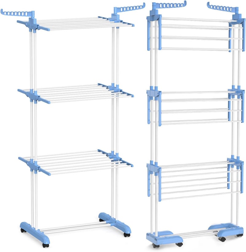 Bigzzia رف تجفيف الملابس ، طوله 67.7 بوصة، قاعدة قابلة للطي، رف تجفيف ملابس مصنوع من الفولاذ المقاوم للصدأ ذو 4 طبقات، مناسب للاستخدام داخليًا وخارجيًا، لون أزرق فاتح - Image 3