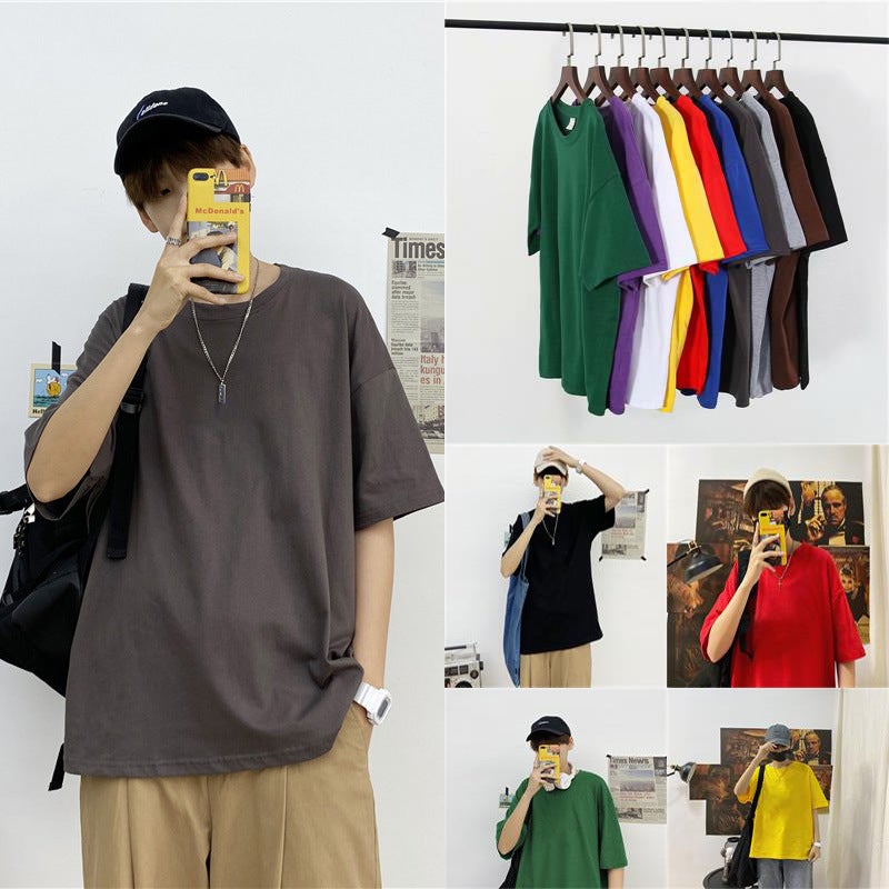 Summer Three-Quarter Sleeve T-Shirt Men's Hong Kong Style Loose Pure Color Simple Youth K-Style Versatile Large Size Simple Top Trendy - Image 2