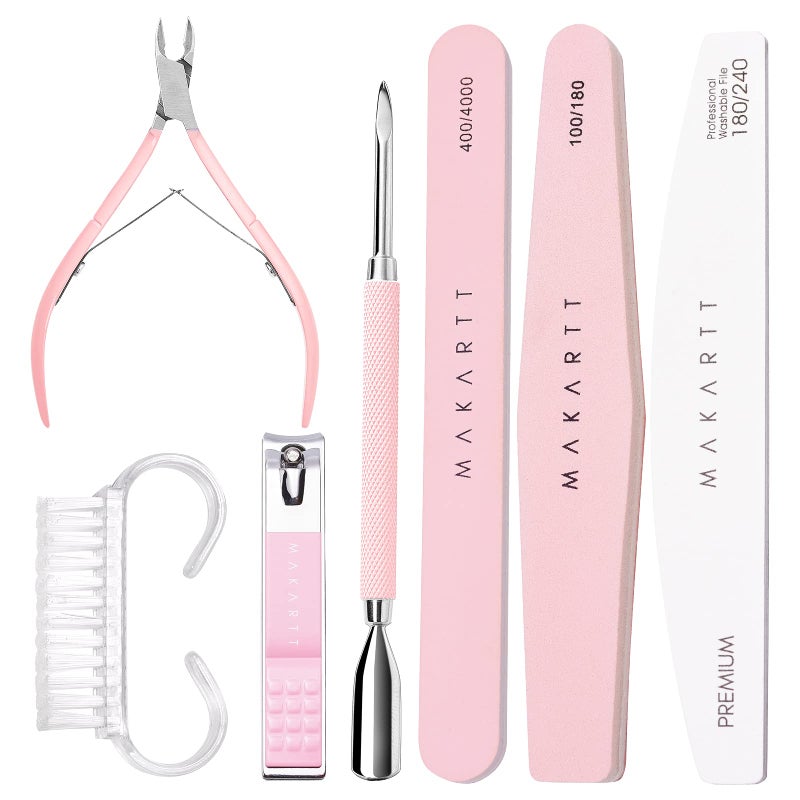 Makartt Nail File and Buffer Set, Pink Basic Prep Kit with Cuticle Clipper, Trimmer, Pusher, Brush, Manicure Care Kit for Natural and Acrylic Nails (7pcs) - Image 1