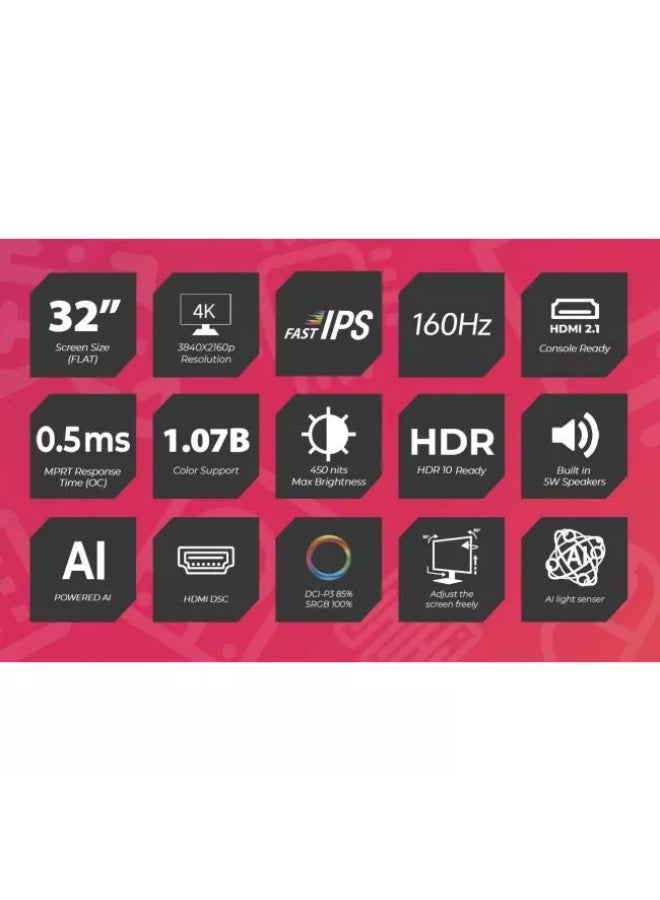 كي قيمنق شاشة ألعاب KGaming Vision Forge V1 بحجم 32 بوصة بدقة 4K ومعدل تحديث 160 هرتز مع FreeSync - Image 2