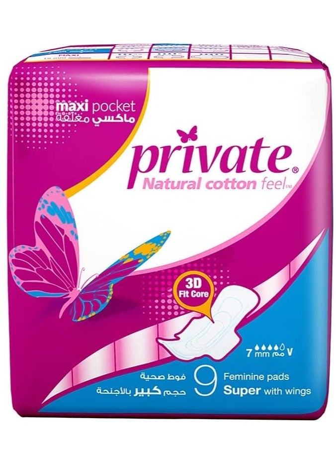 Private Natural Cotton Feel maxi Super with wings Feminine Pads 9Pcs - Image 1