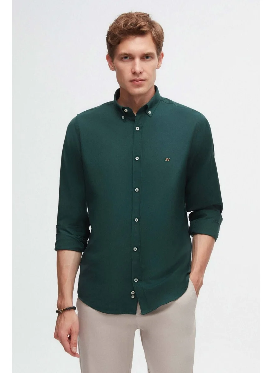 D'S DAMAT Slim Fit Green Oxford Button-down Collar Easy Ironable Embroidered Detailed Cotton Shirt