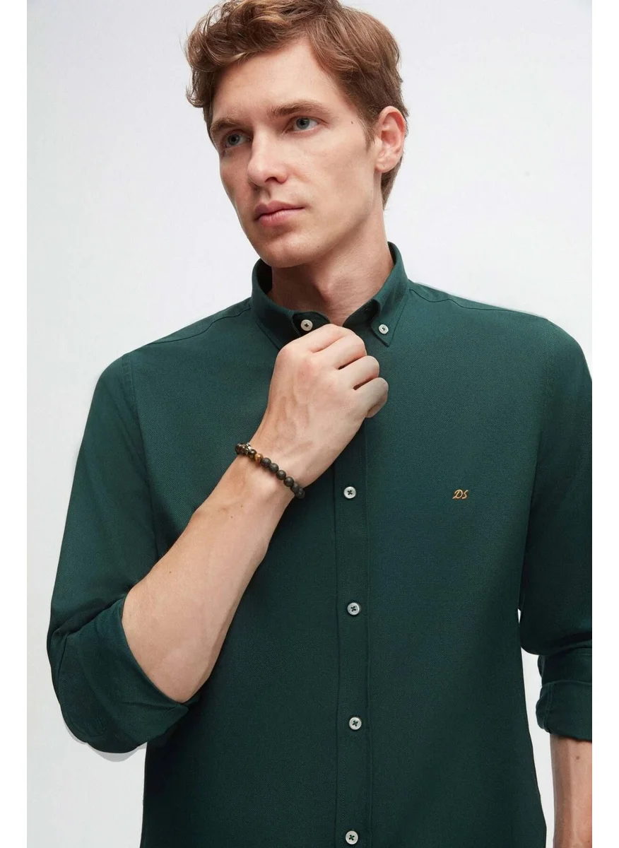 D'S DAMAT Slim Fit Green Oxford Button-down Collar Easy Ironable Embroidered Detailed Cotton Shirt