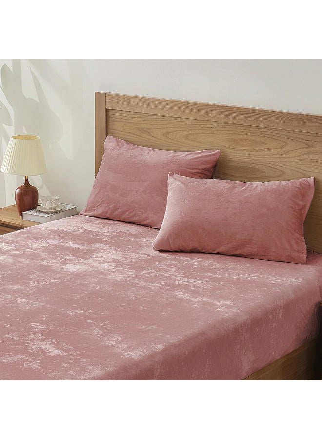 BEDELITE Velvet Fitted Sheet and Pillowcases Set, Luxury Soft Fuzzy Bottom Sheet with Reinforced Elastic Corner Straps, Deep Pocket up to 15 Inch, 1 Fitted Sheet and 2 Pillowcases (Full, Dusty Pink) - Image 1