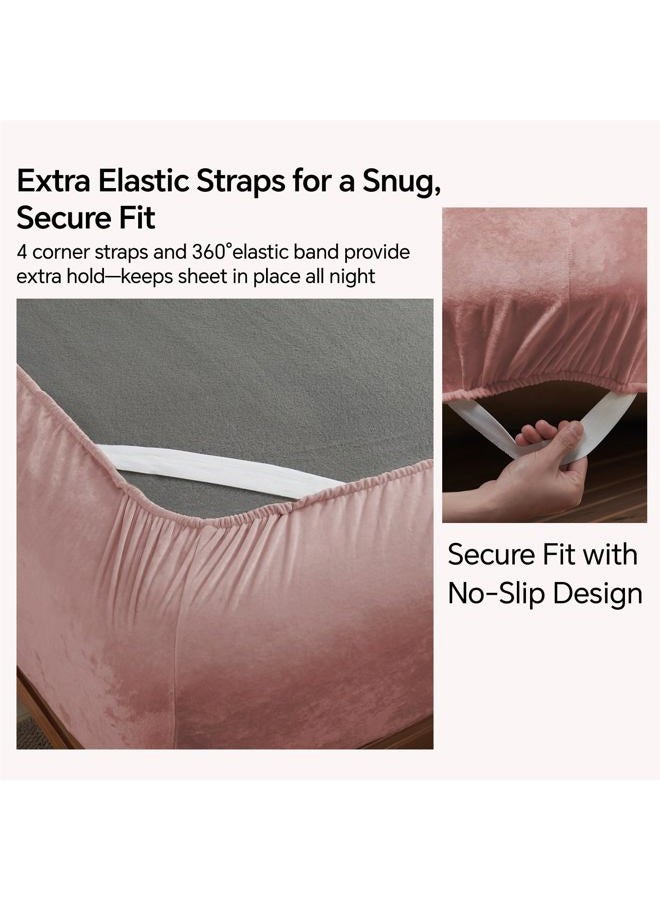 BEDELITE Velvet Fitted Sheet and Pillowcases Set, Luxury Soft Fuzzy Bottom Sheet with Reinforced Elastic Corner Straps, Deep Pocket up to 15 Inch, 1 Fitted Sheet and 2 Pillowcases (Full, Dusty Pink) - Image 4