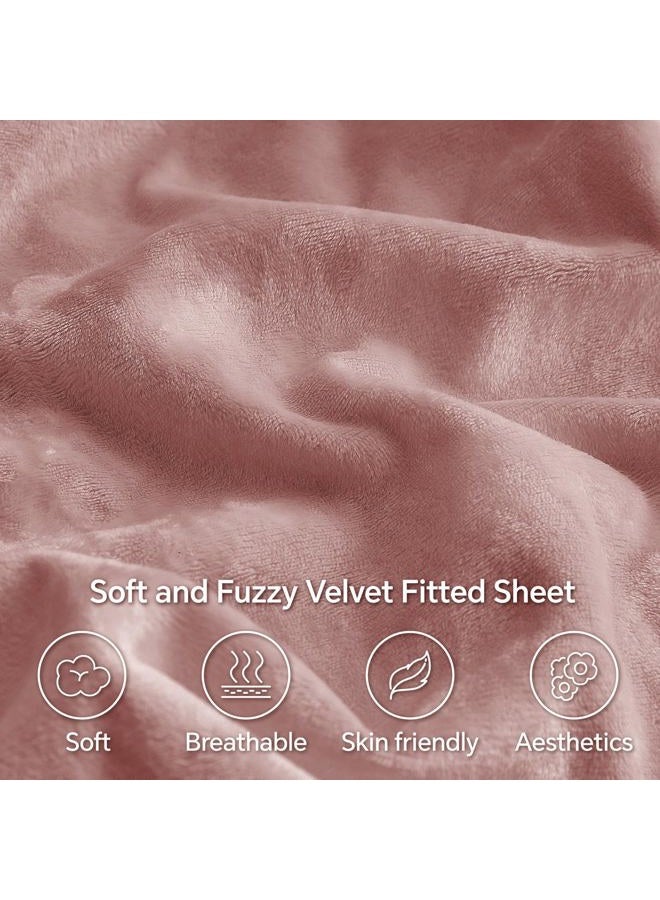BEDELITE Velvet Fitted Sheet and Pillowcases Set, Luxury Soft Fuzzy Bottom Sheet with Reinforced Elastic Corner Straps, Deep Pocket up to 15 Inch, 1 Fitted Sheet and 2 Pillowcases (Full, Dusty Pink) - Image 3