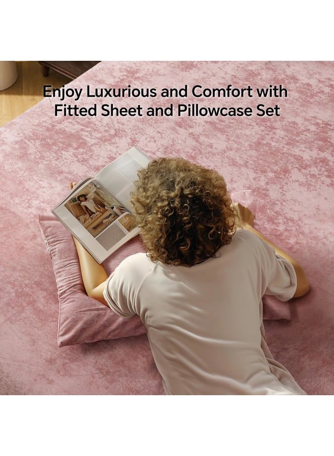 BEDELITE Velvet Fitted Sheet and Pillowcases Set, Luxury Soft Fuzzy Bottom Sheet with Reinforced Elastic Corner Straps, Deep Pocket up to 15 Inch, 1 Fitted Sheet and 2 Pillowcases (Full, Dusty Pink) - Image 2