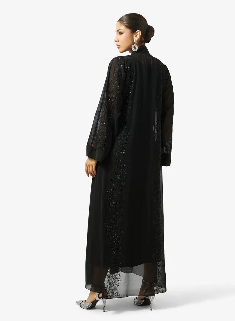 hayas closet Floral Embroidered And Embellished Open Front High Neck Abaya