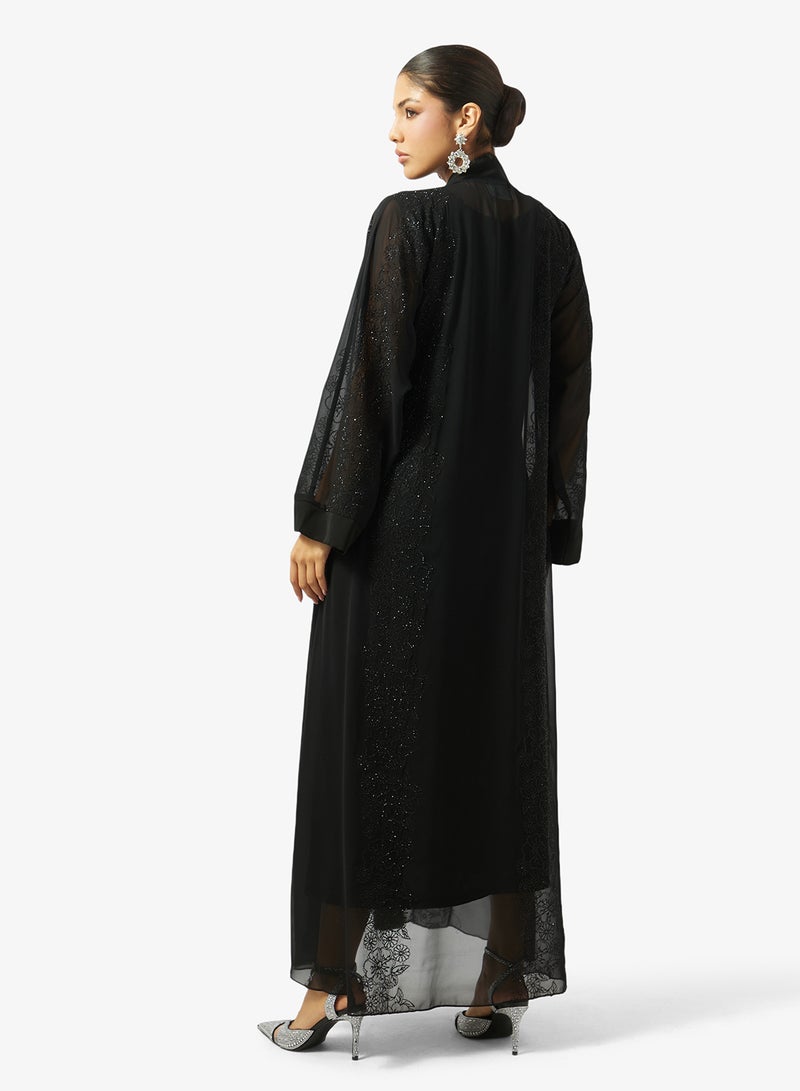 hayas closet Floral Embroidered And Embellished Open Front High Neck Abaya - Image 2