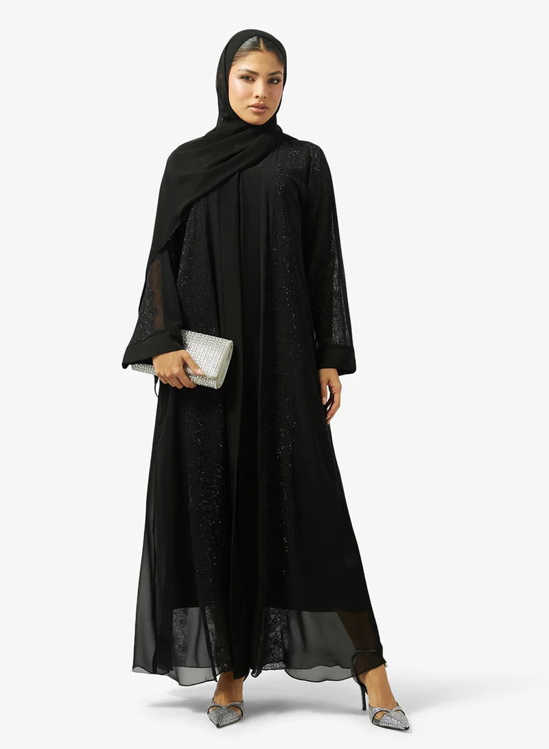 Hayas Closet  Floral Embroidered And Embellished Open Front High Neck Abaya for Women | Best Price UAE