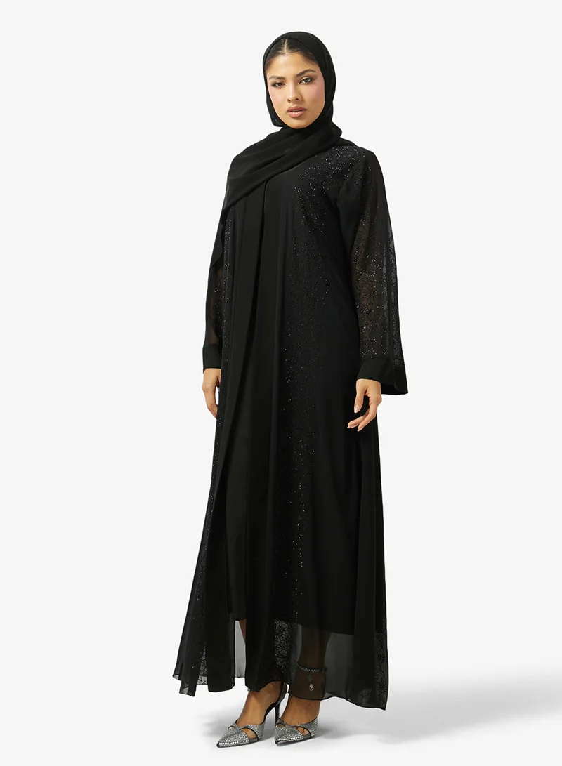 Floral Embroidered And Embellished Open Front High Neck Abaya