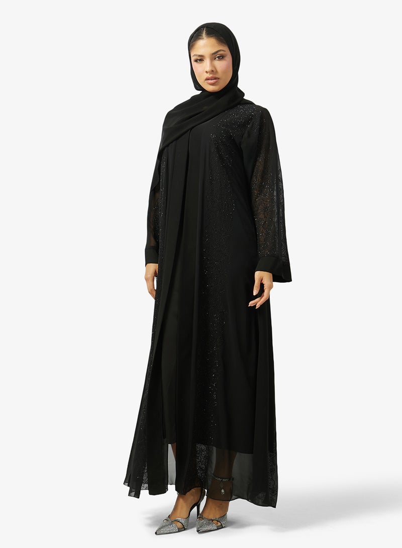 hayas closet Floral Embroidered And Embellished Open Front High Neck Abaya - Image 1