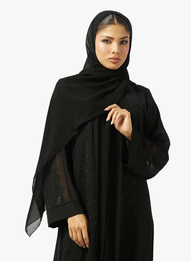 Hayas Closet  Floral Embroidered And Embellished Open Front High Neck Abaya for Women | Best Price UAE