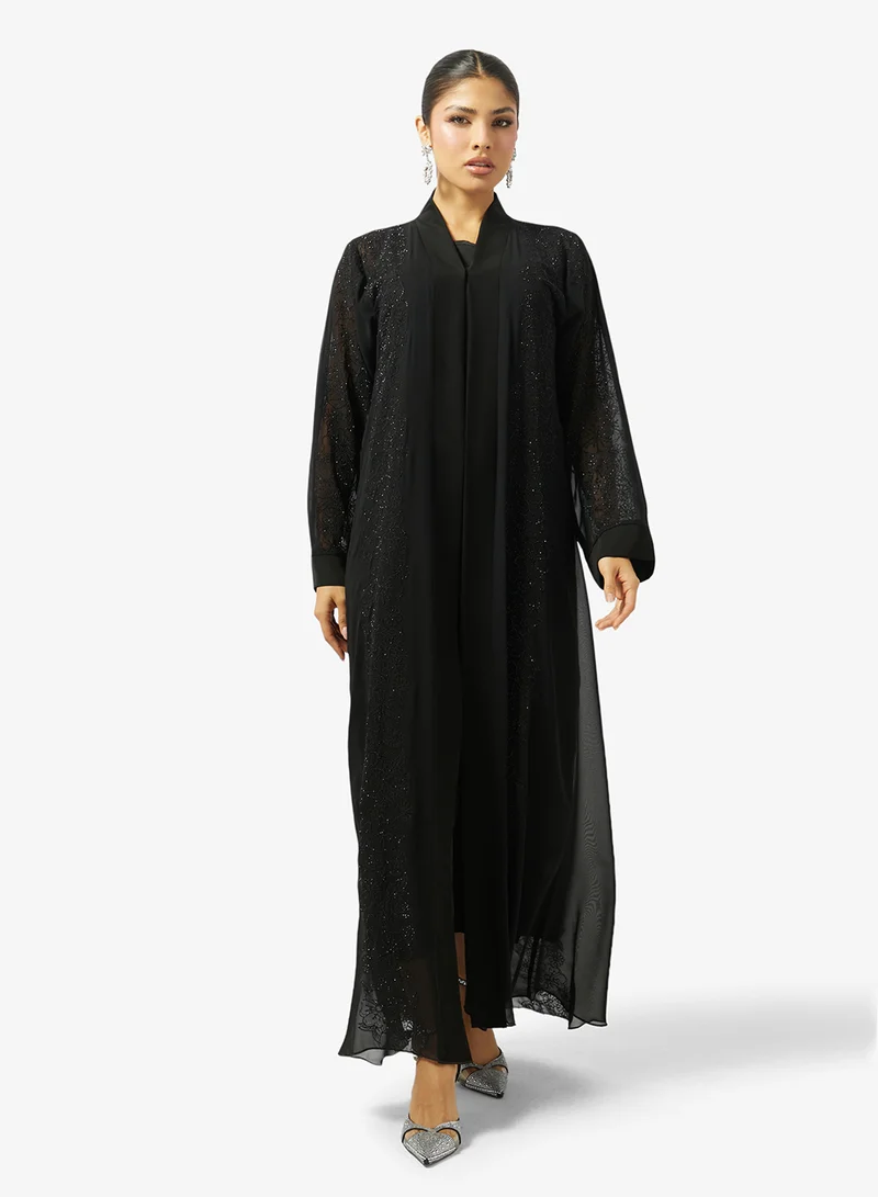 Hayas Closet  Floral Embroidered And Embellished Open Front High Neck Abaya for Women | Best Price UAE