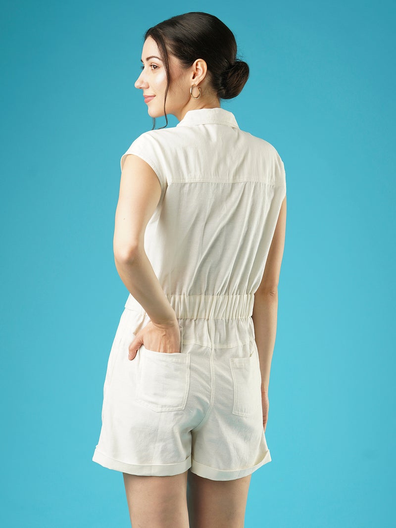 globus Globus Women White Shirt Collar Linen Playsuit - Image 3