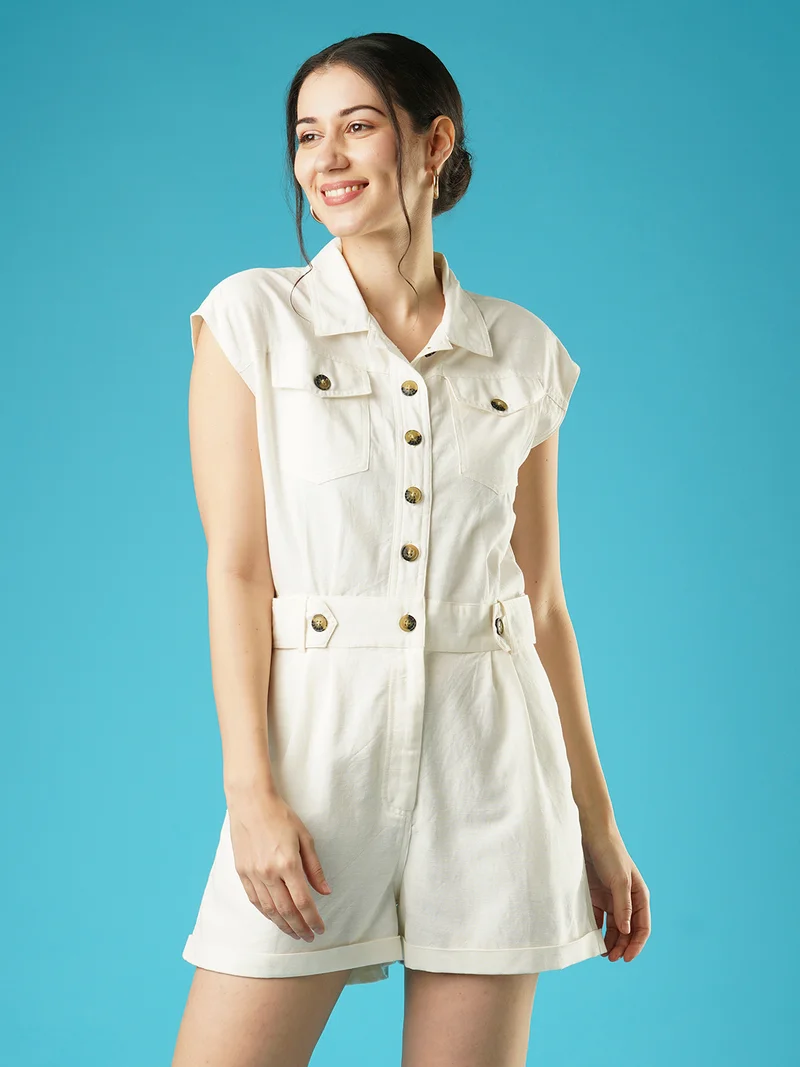 globus Globus Women White Shirt Collar Linen Playsuit
