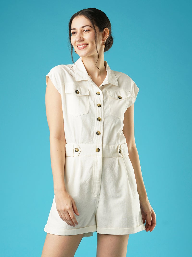globus Globus Women White Shirt Collar Linen Playsuit - Image 1