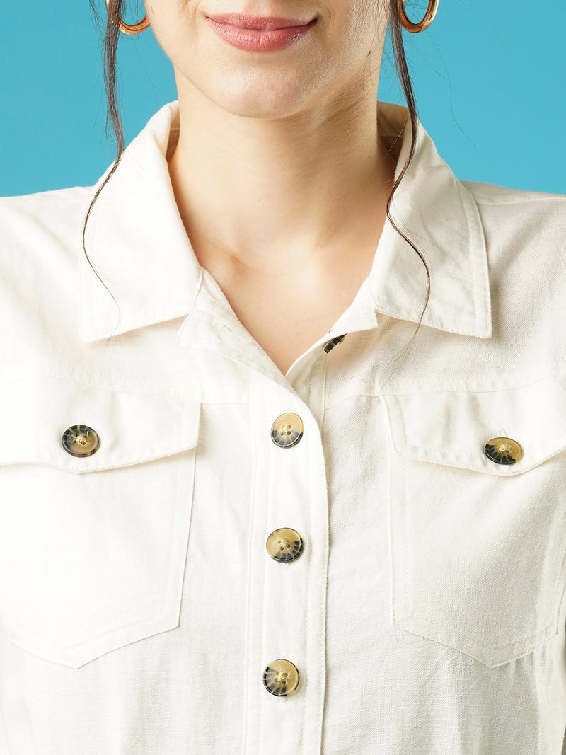 globus Globus Women White Shirt Collar Linen Playsuit - Image 4