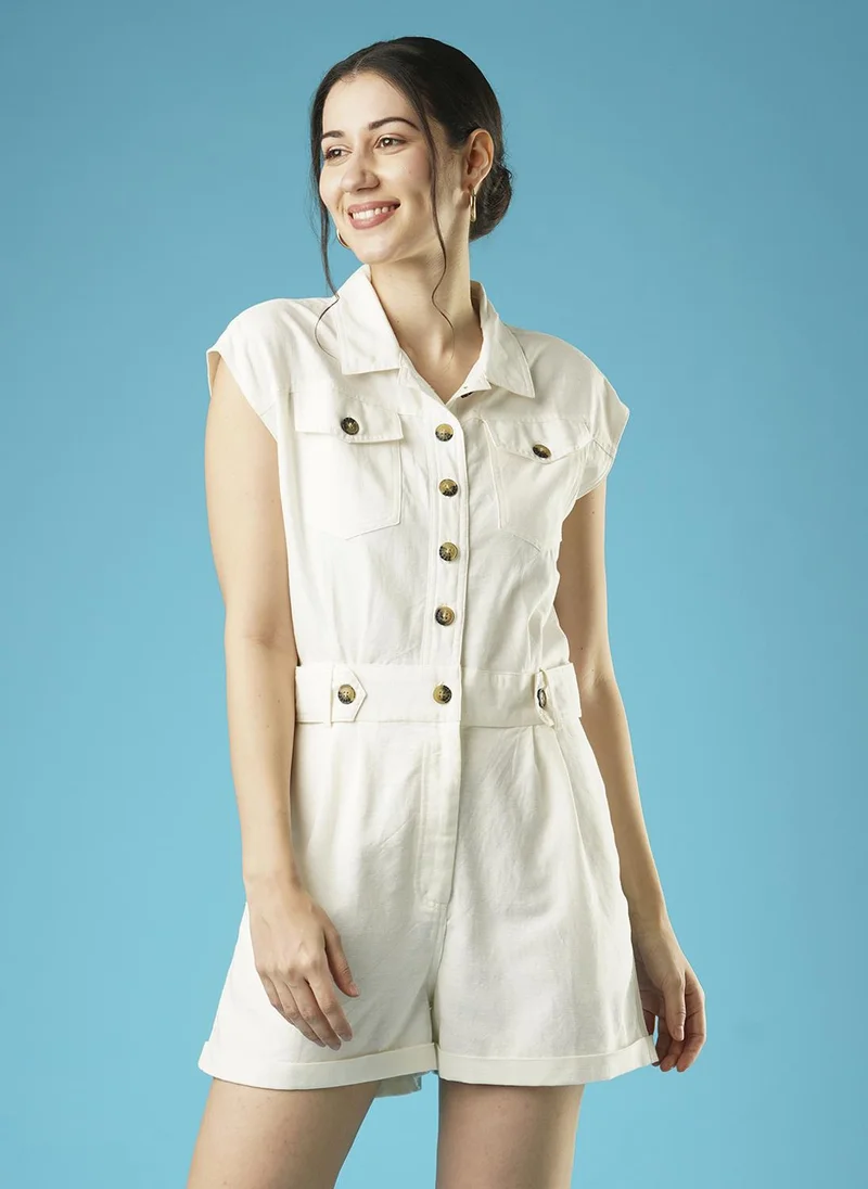 Globus Women White Shirt Collar Linen Playsuit