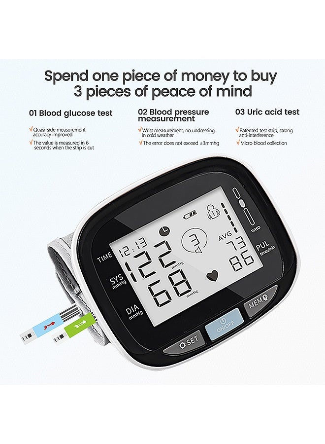 GD 3-in-1 Uric Acid Blood Glucose Blood Pressure Uric Acid Monitor Kit - 50 Blood Glucose Test Strips 50 Uric Acid Test Strips and 100 Blood Lancets 256 Memories Digital Device with LCD Display for Home Medical Use - Image 3