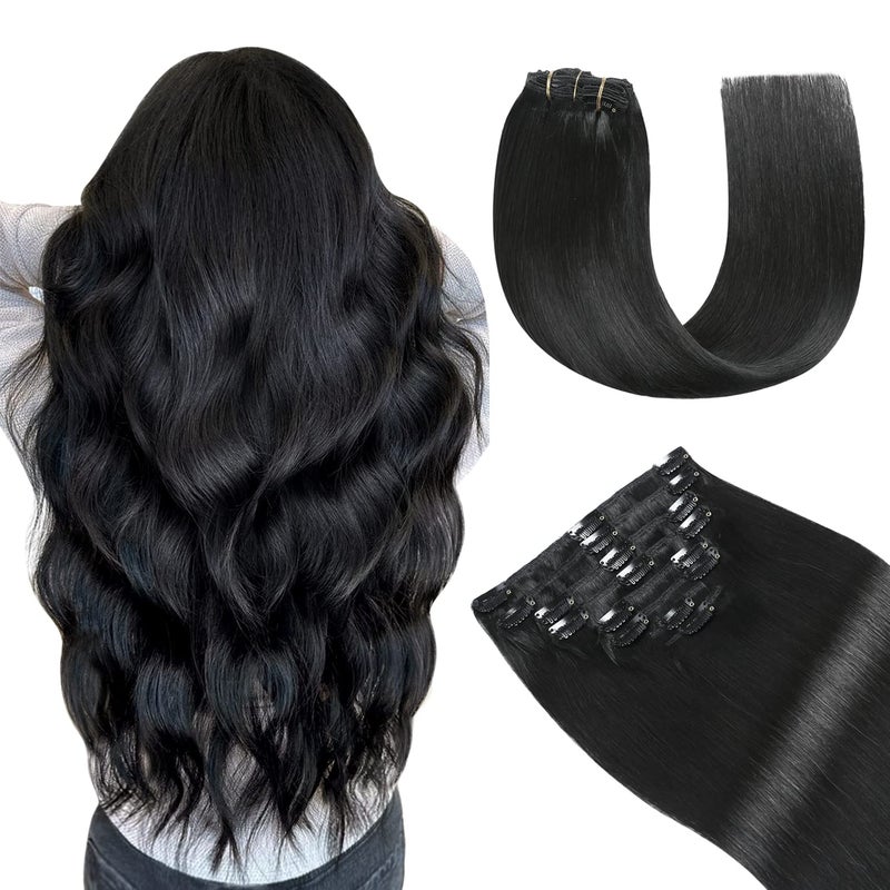 YILITE Jet Black Clip in Hair Extensions Real Human Hair 8Pcs 120GramPack Silky Double Weft Straight Human Hair Extensios Clip ins Thick Real Human Hair Extensions Clip ins 18inches 1 Jet Black