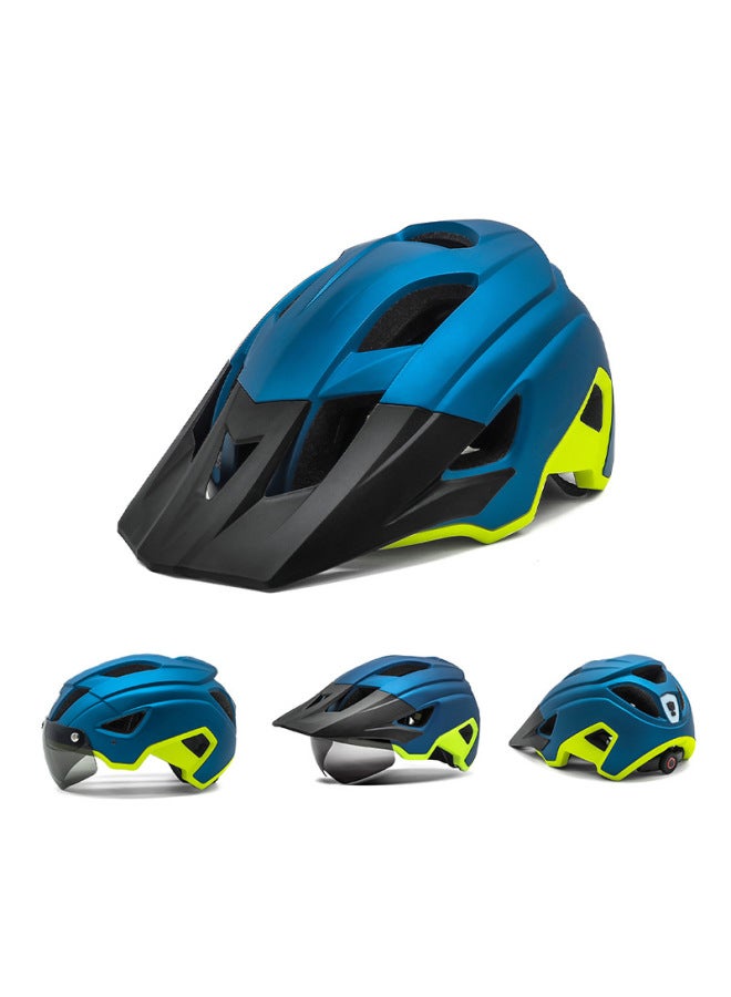 Mountain Bike Helmet with Goggles, Brim and Charging Taillight, Metal Blue and Yellow