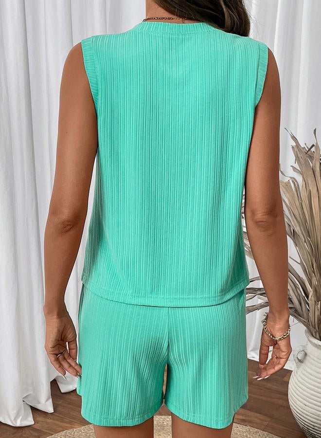 Shein Women Summer Short Sets Casual Travel Two Piece Clothing 2026, Green, L - Image 4