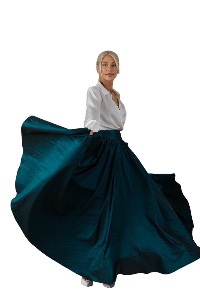 JANAK Women's Long Flared Silk Skirt 380 (in, Alpha, Free Size, Regular, Teal) - Image 2