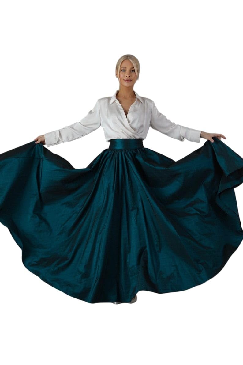JANAK Women's Long Flared Silk Skirt 380 (in, Alpha, Free Size, Regular, Teal) - Image 3