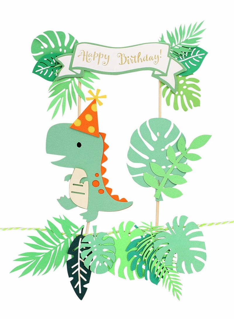 22 Pcs Dinosaur Cupcake Toppers - Wild Animal Theme Birthday Party Decorations with Green & Pink Dinosaurs and Tropical Palm Leaves - Image 1