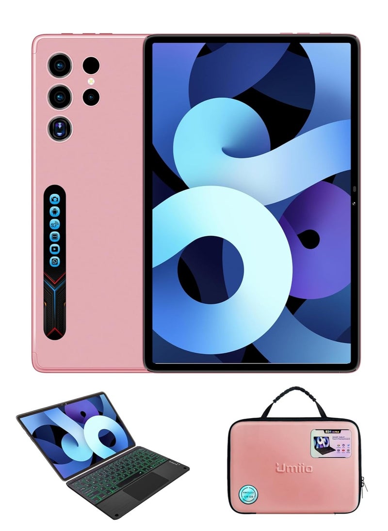 Umiio Smart Android Tablet S24 Ultra 10.1-inch HD Display with Touchpad Keyboard/Case and EWB Handbag 12GB RAM 512GB ROM 5G Network Dual SIM Kids Tablet WiFi GPS Slim Tab-Pink  - Image 1