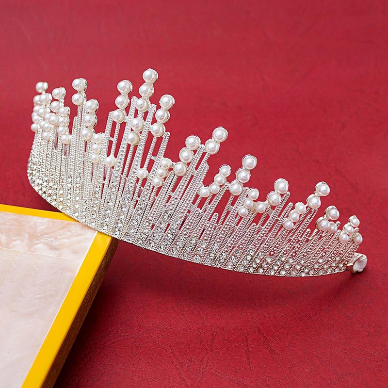 PEORA Cubic Zirconia & Pearl Studded Princess Tiara Crown for Girls & Women Birthday Gift Hair Accessories - Image 3