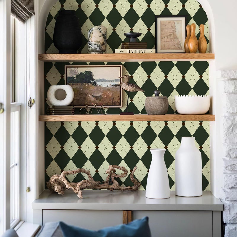 Simon&Siff Retro Peel and Stick Wallpaper Black and Green Wallpaper Vintage Plaid British Geometric Wall Paper for Bathroom Kitchen Cabinet Contact Paper 17.3"x80" - Image 2
