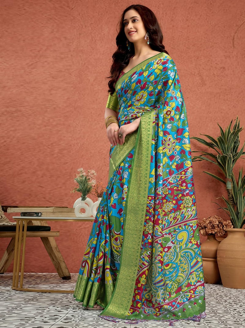 Satrani Women's Tussar Silk Kalamkari Printed Weaving Border Saree with Unstitched Blouse Piece (4306S342N_Blue) - Image 2