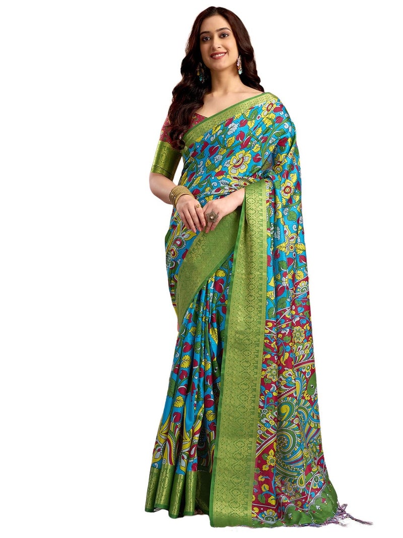 Satrani Women's Tussar Silk Kalamkari Printed Weaving Border Saree with Unstitched Blouse Piece (4306S342N_Blue) - Image 1