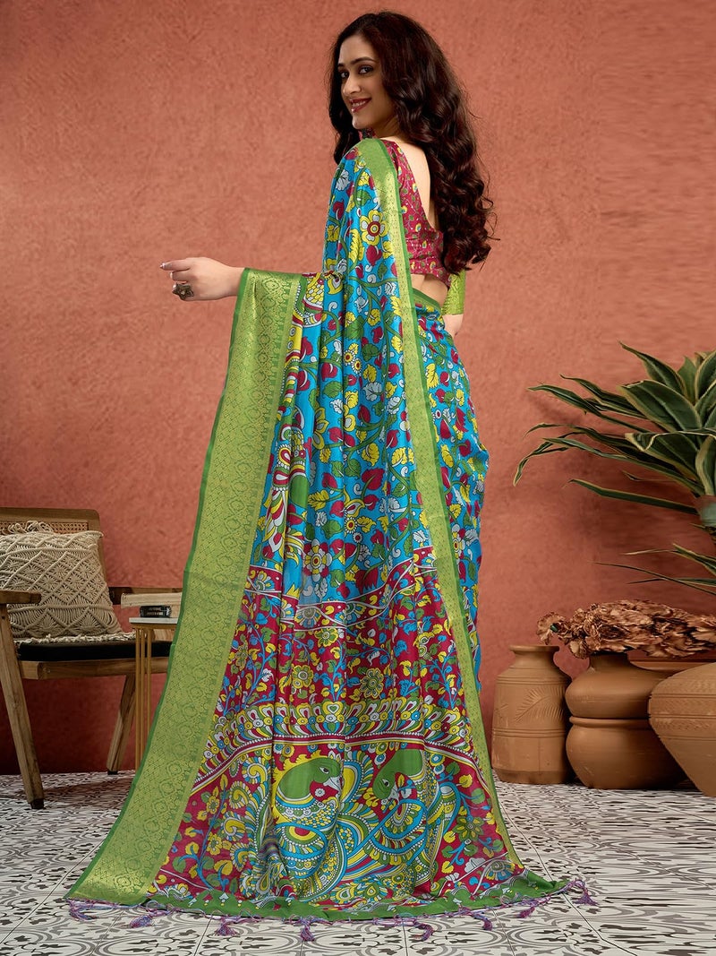 Satrani Women's Tussar Silk Kalamkari Printed Weaving Border Saree with Unstitched Blouse Piece (4306S342N_Blue) - Image 3