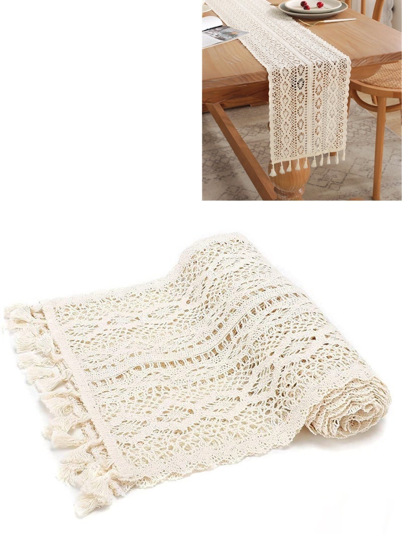 1 PCS Beige  Cotton Boho Table Runner Wedding Table Cover Crochet Table Cloth with Tassels Tablecloth Wallpaper Home Dining Table Decor 24x180cm - Image 5