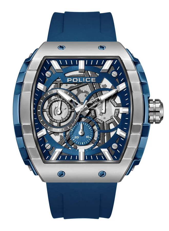 POLICE Flash Men's 48mm Multifunction Watch with Blue Layered Dial, IP Blue Case & Blue Silicone Strap
