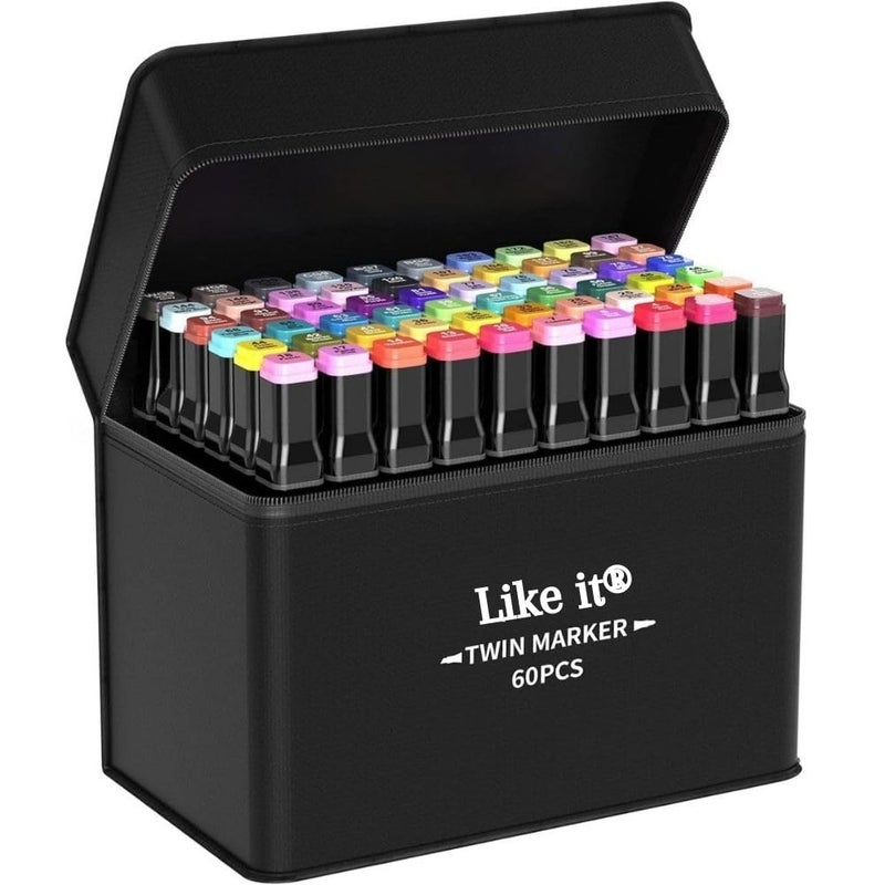 Like-It Dual Tip Colorful Art Markers Sketch Pens Colors With Carrying Case For Painting Sketching Calligraphy Drawing -Twin Head Permanent Marker Pens For Kids Adult (60) - Image 1