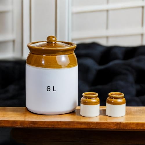 ClayStone 6L Ceramic Kitchen Storage Jar - Handmade Bharani 6L With Salt And Pepper Shakers - Decorative Achaar Container For Spices And Pickles - Ceramic Martaban (6KG) - Pack of 3,White - Image 1
