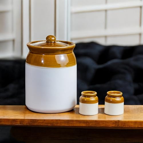 ClayStone 6L Ceramic Kitchen Storage Jar - Handmade Bharani 6L With Salt And Pepper Shakers - Decorative Achaar Container For Spices And Pickles - Ceramic Martaban (6KG) - Pack of 3,White - Image 2