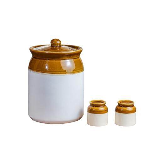 ClayStone 6L Ceramic Kitchen Storage Jar - Handmade Bharani 6L With Salt And Pepper Shakers - Decorative Achaar Container For Spices And Pickles - Ceramic Martaban (6KG) - Pack of 3,White - Image 4