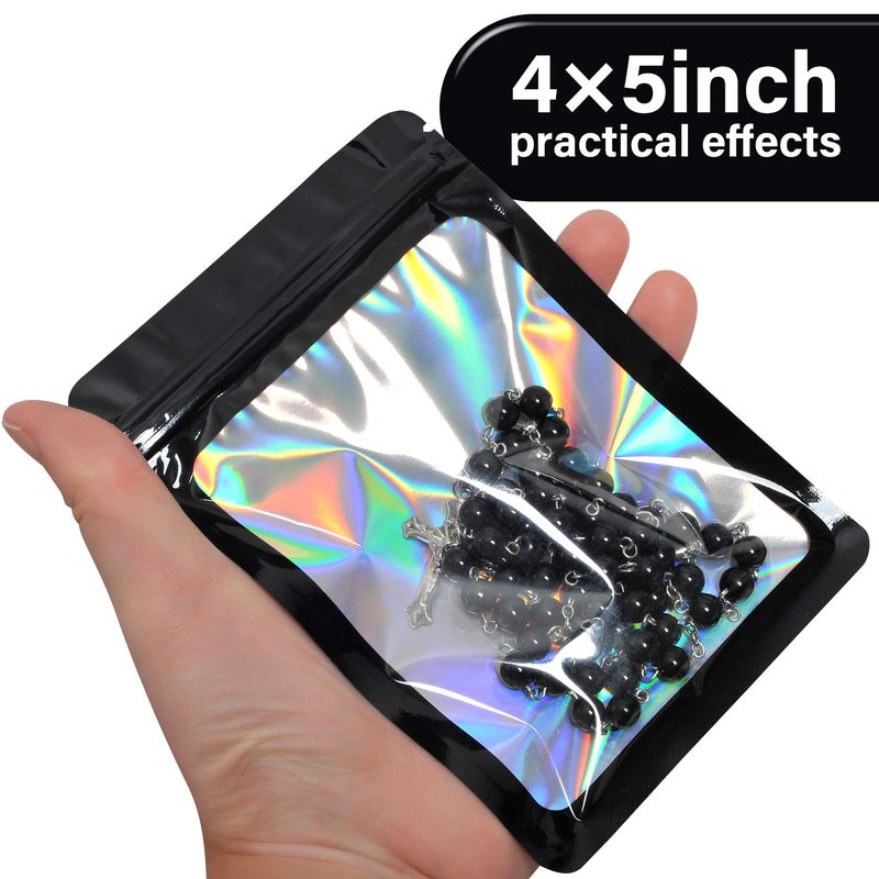 EONJOE 100-pack 4Ã—5 inch mylar bags with clear window holographic resealable sealable packaging zip bag for small bussiness jewelry candy sample food packing supplies ï¼ˆblackï¼‰ - Image 3