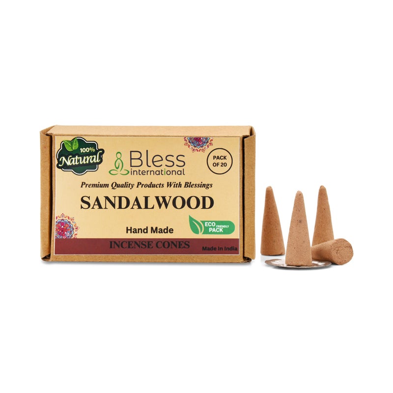 Bless International Sandalwood 100NaturalIncenseCones HandmadeHandDipped OrganicChemicalsFree forPurificationRelaxationPositivityYogaMeditation TheBestscents 20 Count