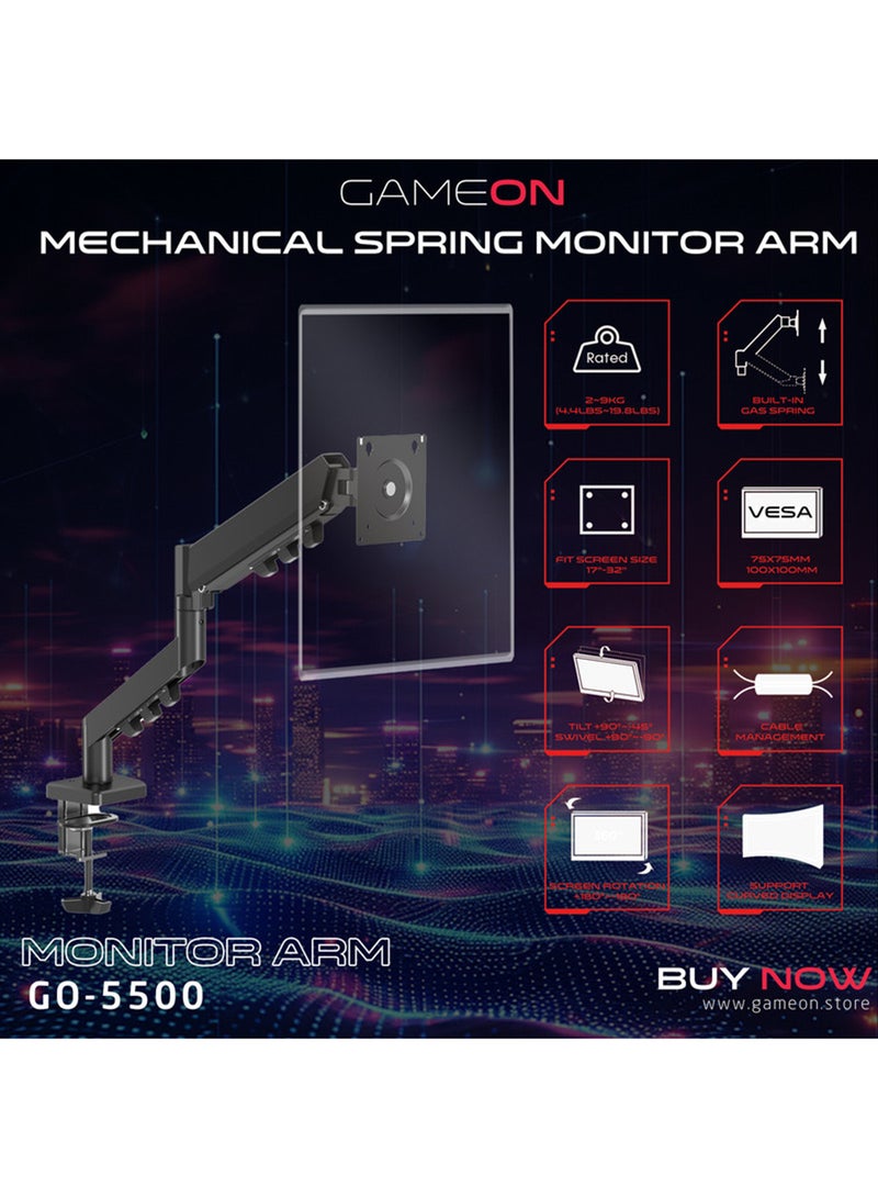GAMEON GO-5500 Gas Spring Monitor Arm Single Arm for 17” to 32” Monitors, Supports Up to 9kg, Full Motion Tilt Swivel Rotation, VESA 75x75 100x100, Clamp or Grommet Base, Cable Management Black - Image 2