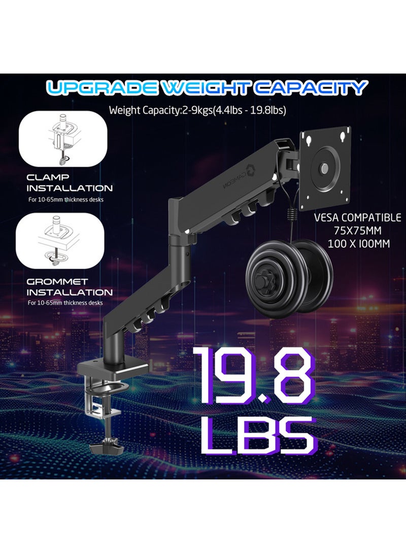 GAMEON GO-5500 Gas Spring Monitor Arm Single Arm for 17” to 32” Monitors, Supports Up to 9kg, Full Motion Tilt Swivel Rotation, VESA 75x75 100x100, Clamp or Grommet Base, Cable Management Black - Image 4
